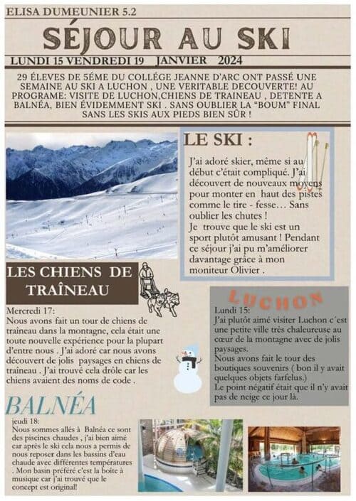 Page 1 du journal du séjour au ski réalisé par les élèves de l'école Jeanne d'Arc