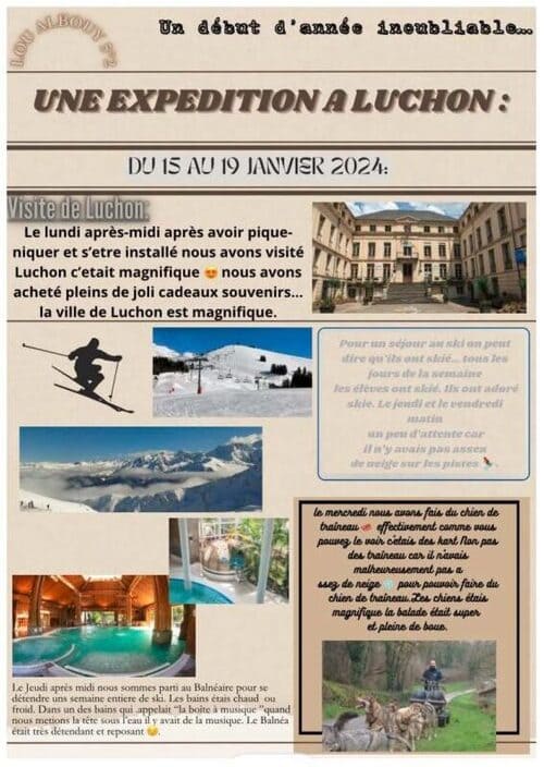 Page 2 du journal du séjour au ski réalisé par les élèves de l'école Jeanne d'Arc